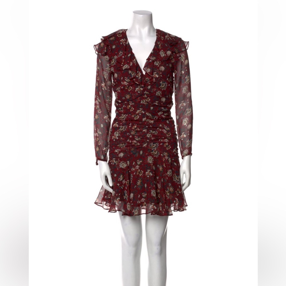 Veronica Beard Burgundy Floral Ruffle Long Sleeve Dress